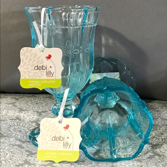 4x Debi Lilly Blue Crystal Goblet Vase / Glass - Picture 3 of 9